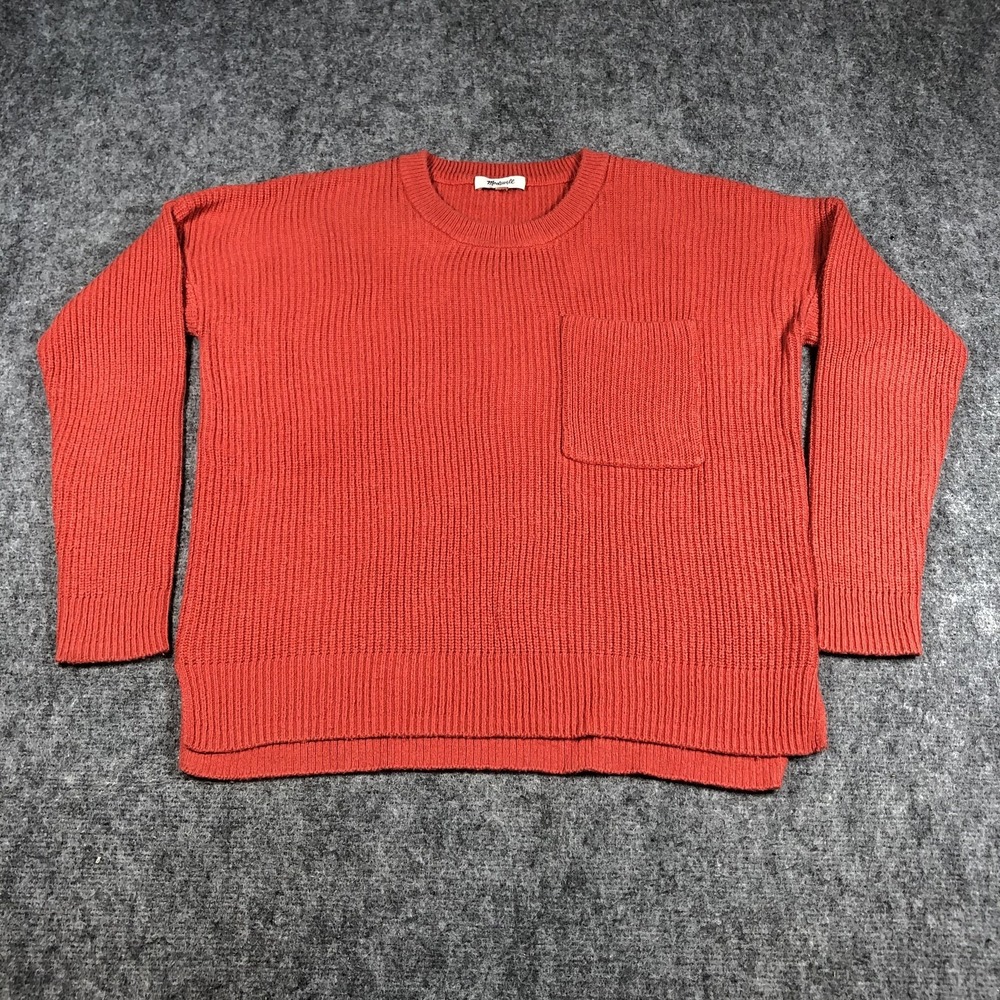 Madewell Sweater Womens Small Red Ribbed Crewneck Pullover Chest Pocket Cotton